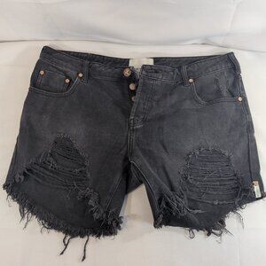 One Teaspoon Stevies 30 Denim Shorts Jeans Black Distressed Slim-Fit Boyfriend
